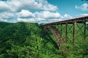 The New River Gorge Bridge spans its namesake gorge near Fayetteville, W.Va.