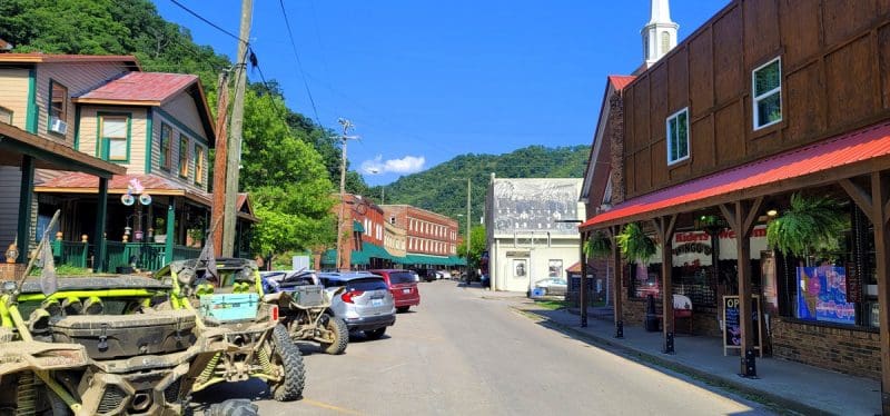 All-terrain vehicles park along Main Street in Matewan, W.Va., in the Cumberland Mountains.
