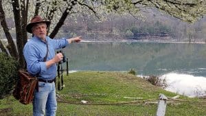 West Virginia Explorer editor David Sibray points out the location of VanBibber's Rock from the lawn of the Glen Ferris Inn.