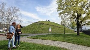 David Sibray and Amanda Hinchman visit the Criel Mound in South Charleston, West Virginia.