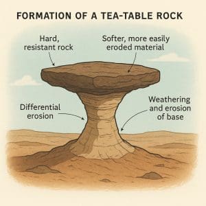 A tea-table rock is formed by a combination of weathering and differential erosion.