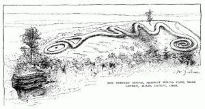 The Serpent Mound in Ohio is an effigy mound attributed to the Adena. (Illustration from The Century periodical, April 1890)