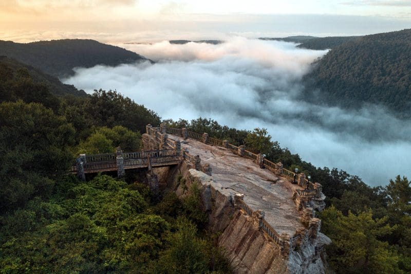 Morning fog gathers in the canyon of the Cheat River at Coopers Rock. (Photo courtesy W.Va. State Parks)
