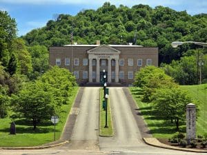 The Pleasants County (West Virginia) Courthouse was built on a rise overlooking the bottoms along the Ohio River at Saint Marys.