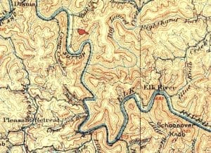 Twistabout Creek is not designated in an 1885 map, though twisting Big Laurel Creek is marked.