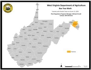 Map showing arrival of Box Tree Moth in West Virginia.