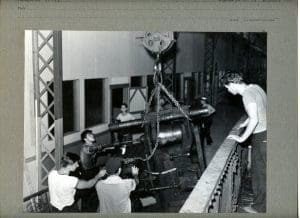 A training team lifts a piece of heavy equipment at South Charleston works.