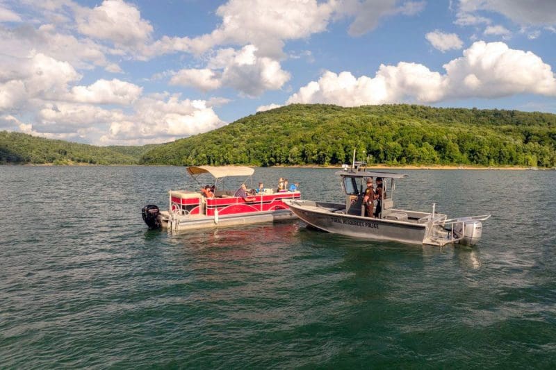 West Virginia police visit with boaters Natural Resources Police officers encounter boaters on a West Virginia lake.