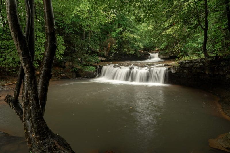Drawdy Falls drops over two sandstone shelves at Drawdy Falls Park near Peytona.
