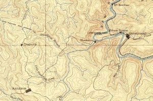 In the prelude to the Battle of Stanaford, union organizers travelled from Qunnimont to Adkinsville, then a section of Beckley, mapped here as "Raleigh."