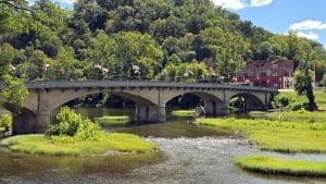 The historic Alderson Bridge spans the Greenbrier River.