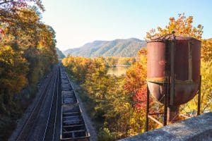 Autumn color saturates the valley of the New River along the Chesapeake and Ohio Railroad. 