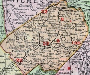 An 1878 map shows the location of Bulltown, West Virginia, in the upper right.