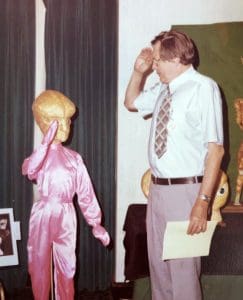 Gray Barker salutes a friendly alien.