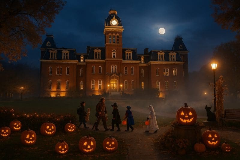 Woodburn Hall at West Virginia University looms over a Halloween scene.
