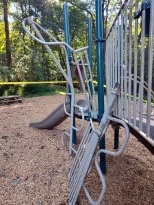 Damaged playground equipment at Watters Smith Memorial State Park.