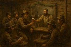 Loggers gather in a camp saloon in the high mountain country where women were few but cheap liquor was plentiful.