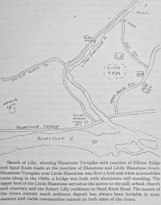 A hand drawn map by William Sanders notes the placement of buildings and cemeteries at Lilly.