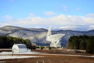 In the distance, Back Allegheny Mountain is among the ranges that protect Green Bank from radio interference. (Photo courtesy Green Bank Observatory)