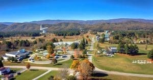 In the near distance, the Robert C. Byrd Telescope in the focus of activity at Green Bank. (Photo courtesy Green Bank Observatory)
