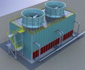 A cooling tower is a heat rejection device that rejects waste heat to the atmosphere through the cooling of a water stream to a lower temperature. (Image courtesy Yamantho Supply)