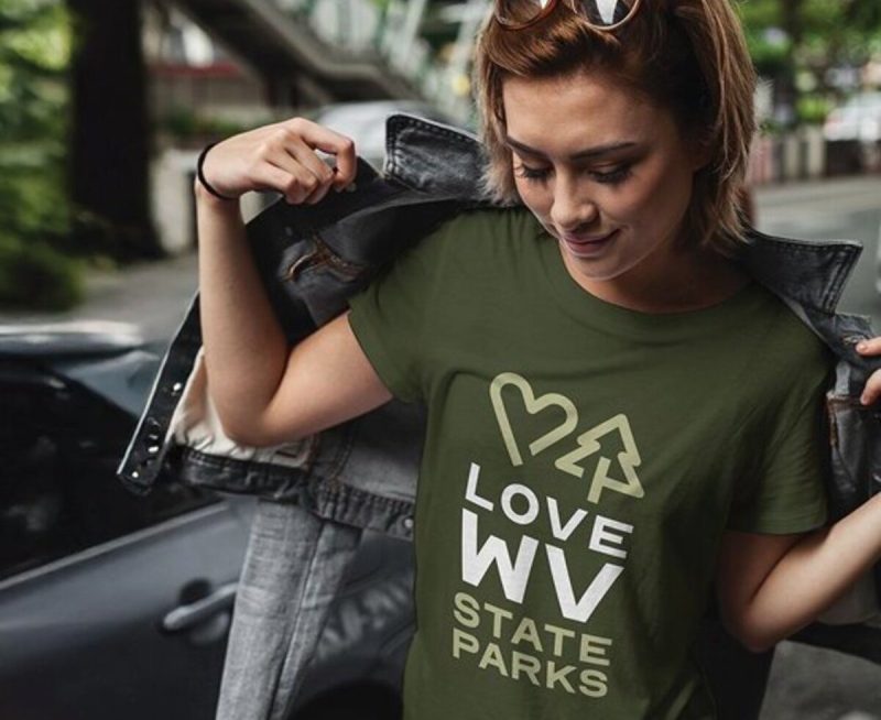 The online shop features T-shirts and sweatshirts showcasing the distinctive “Love WV State Parks” logo
